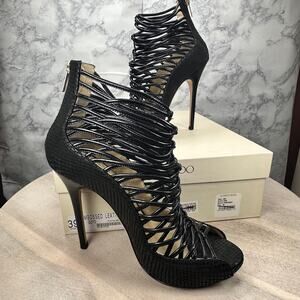 Jimmy Choo Black Embossed Leather Quito Cage Booties EU 39 Classy Party Shoes